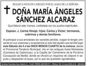 Esquela de Doña María Ángeles Sánchez Alcaraz con detalles de su fallecimiento.