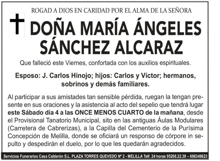 Esquela de Doña María Ángeles Sánchez Alcaraz con detalles de su fallecimiento.