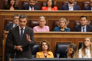 El presidente Pedro Sánchez durante un debate en el Senado con otros miembros del gobierno.