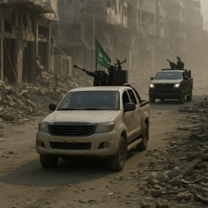 Vehículos armados en una calle destruida de Gaza