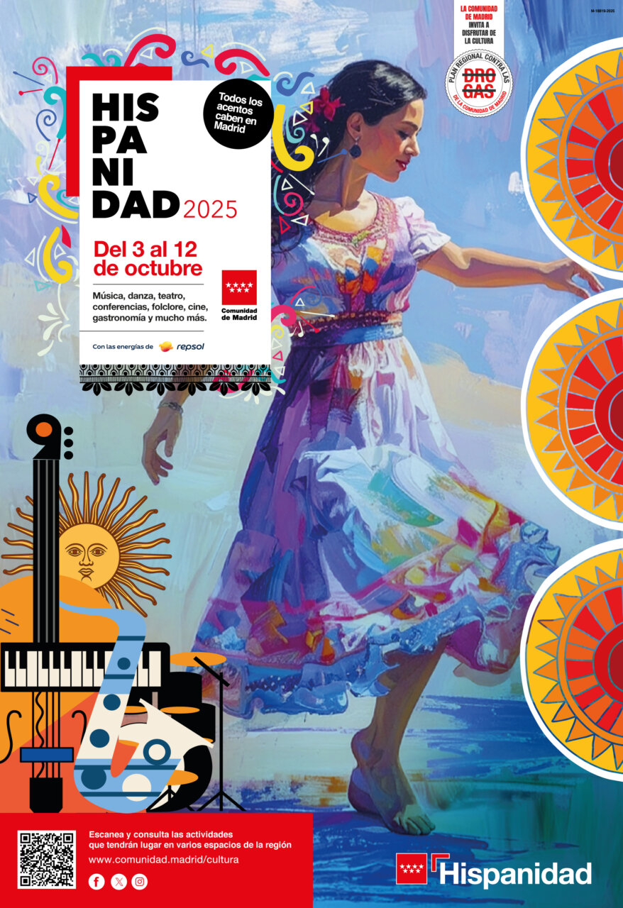 Cartel del festival Hispanidad 2025 en Madrid con una mujer bailando.
