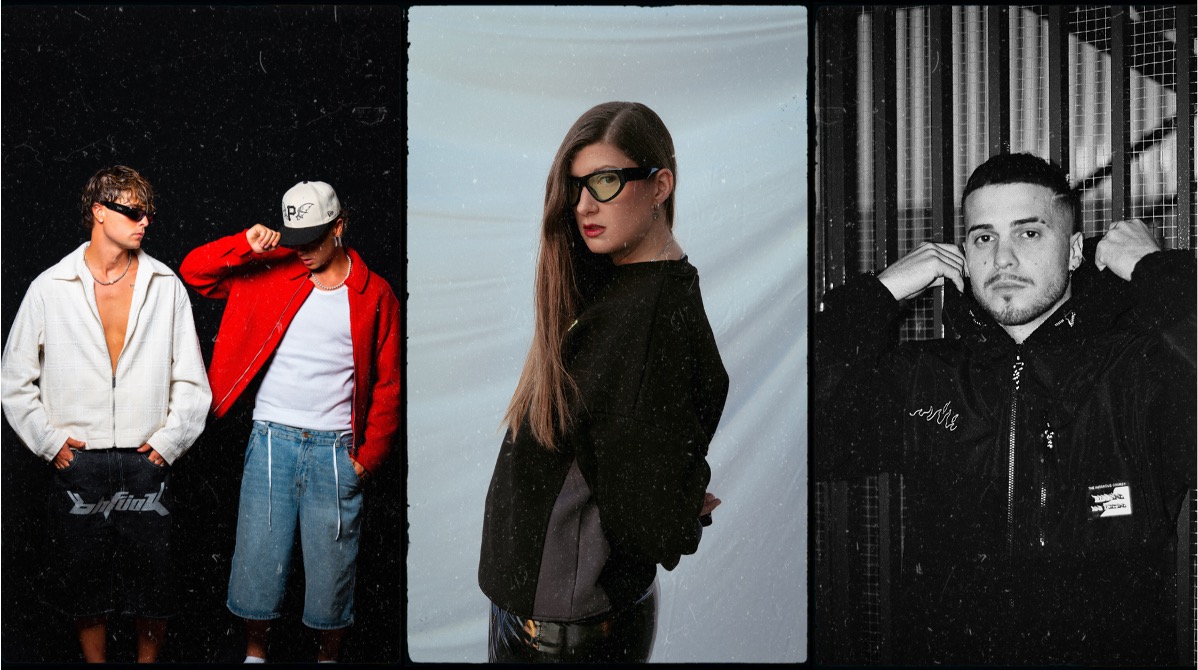 Tres modelos posando con ropa urbana en un fondo neutro