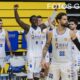 Jugadores del Melilla Baloncesto celebrando una victoria en el partido
