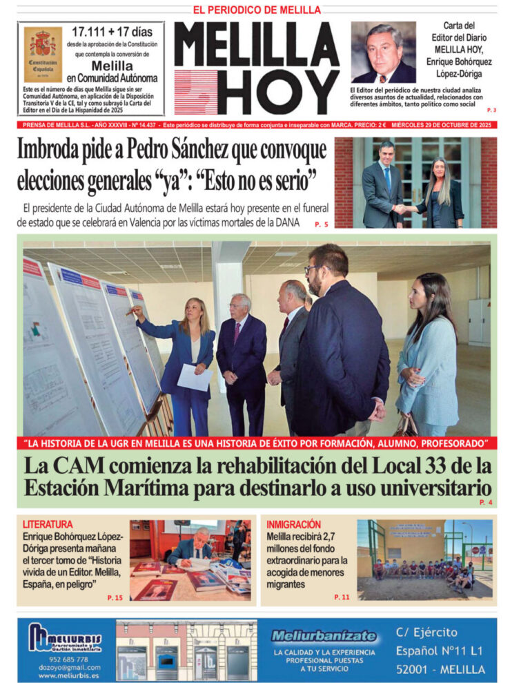 Portada del diario Melilla Hoy del 29 de octubre de 2025