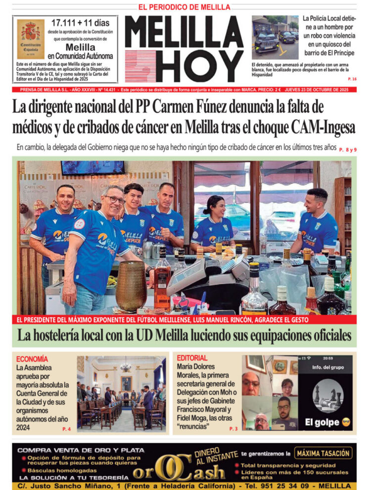 Portada del diario Melilla Hoy del 23 de octubre de 2025