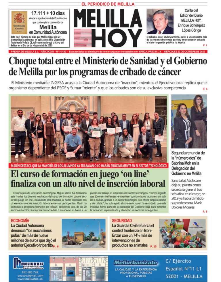 Portada del periódico Melilla Hoy del 22 de octubre de 2025