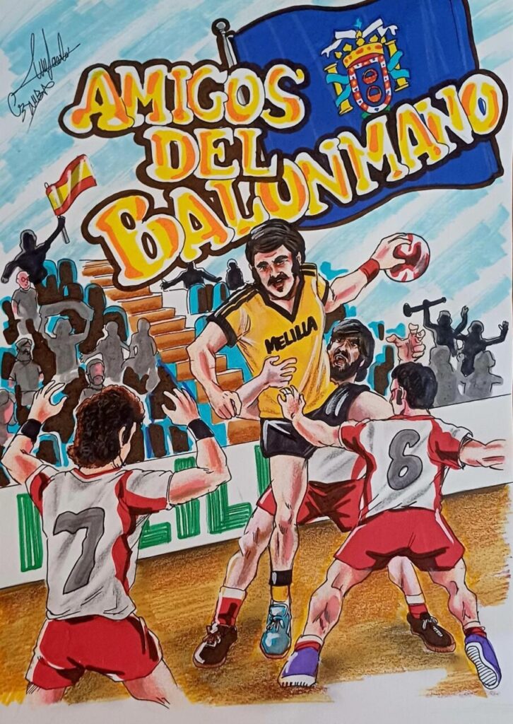 Ilustración de jugadores de balonmano en un encuentro amistoso