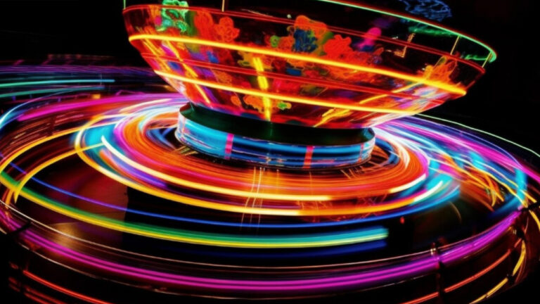 Ruleta iluminada en un casino con luces vibrantes y coloridas
