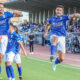 Jugadores de la U.D. Melilla celebrando un gol en el estadio