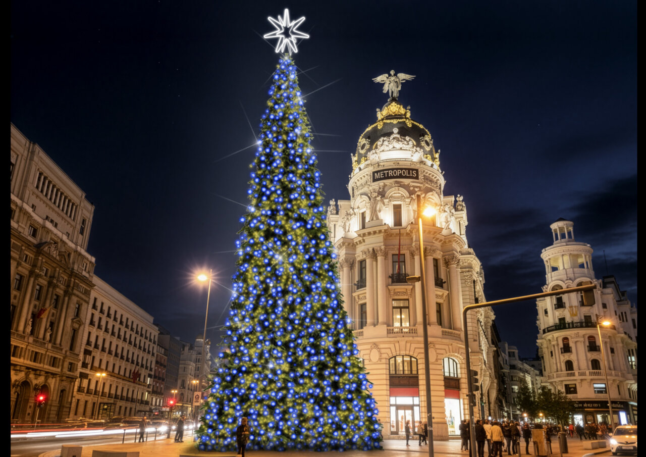 Árbol de Navidad iluminado en Madrid junto al edificio Metrópolis