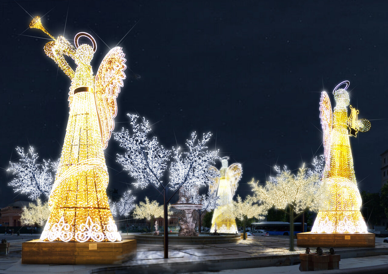 Ángeles luminosos decorando la plaza de Cibeles en Madrid