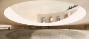 Render del nuevo diseño del Valle de Cuelgamuros con un gran espacio circular.