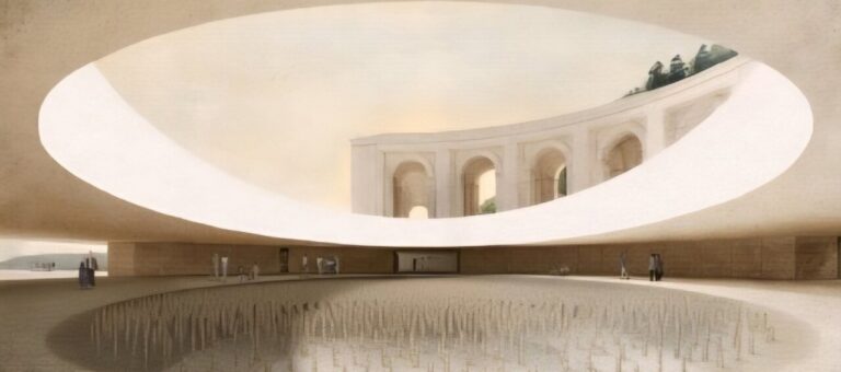 Render del nuevo diseño del Valle de Cuelgamuros con un gran espacio circular.