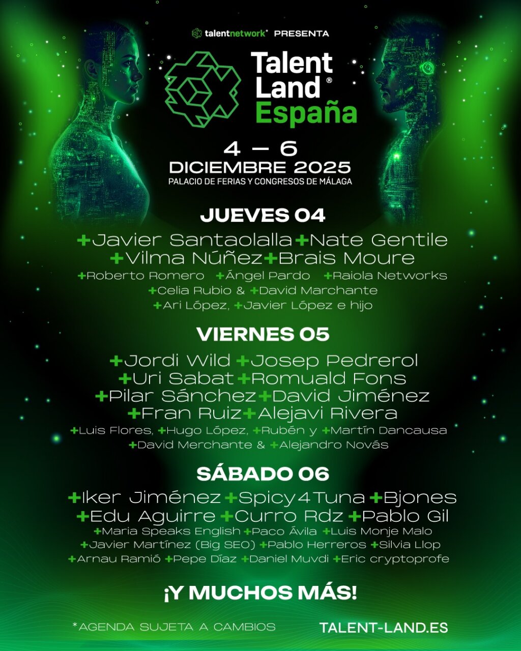 Cartel del evento Talent Land 2025 en Málaga con ponentes destacados.
