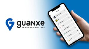 Pantalla de la app Guanxe mostrando tiendas disponibles para compras online