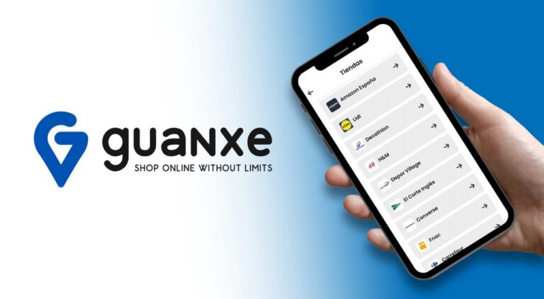 Pantalla de la app Guanxe mostrando tiendas disponibles para compras online