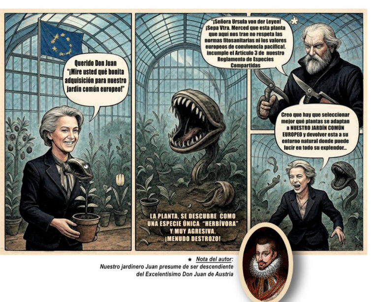Ilustración humorística sobre la política europea y el jardín común.