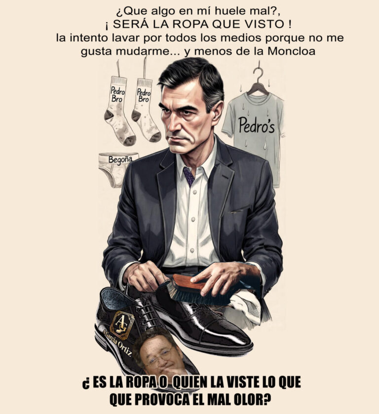 Ilustración satírica de un político con ropa y zapatos en mal estado