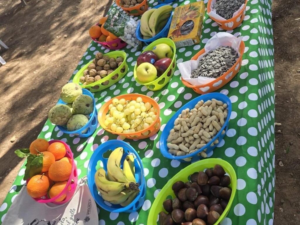 Mesa con frutas y frutos secos en el Día de la Mochila