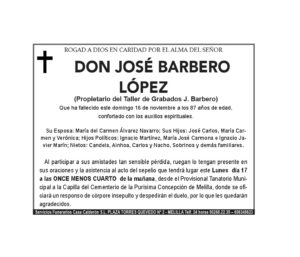 Esquela de Don José Barbero López, propietario del Taller de Grabados J. Barbero.