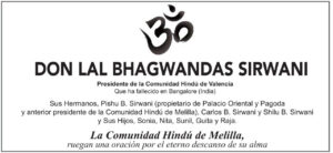 Esquela en memoria de Don Lal Bhagwandas Sirwani, presidente de la Comunidad Hindú de Valencia.