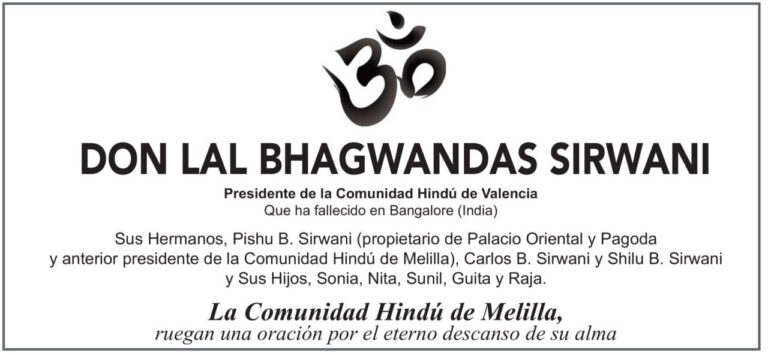 Esquela en memoria de Don Lal Bhagwandas Sirwani, presidente de la Comunidad Hindú de Valencia.