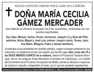 Esquela en memoria de Doña María Cecilia Gámez Mercader