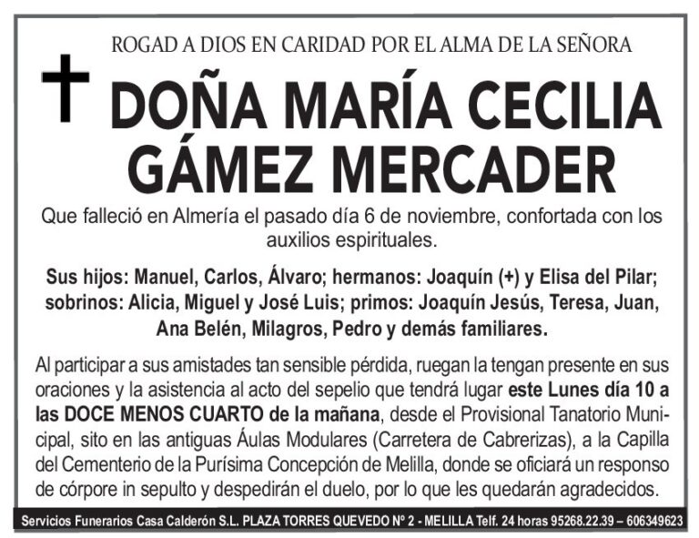 Esquela en memoria de Doña María Cecilia Gámez Mercader