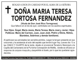 Esquela en memoria de Doña María Teresa Tortosa Fernández