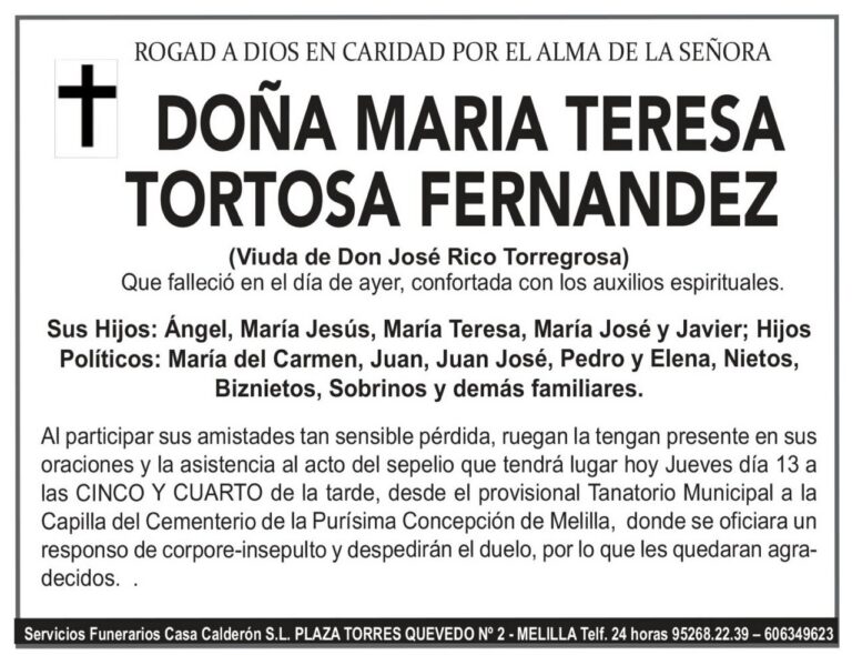 Esquela en memoria de Doña María Teresa Tortosa Fernández