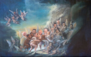 Pintura de Illma Gore con figuras políticas como querubines en un cielo tempestuoso.