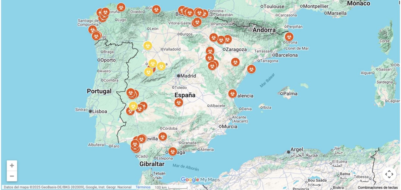 Mapa de España con episodios de gripe aviar en aves silvestres