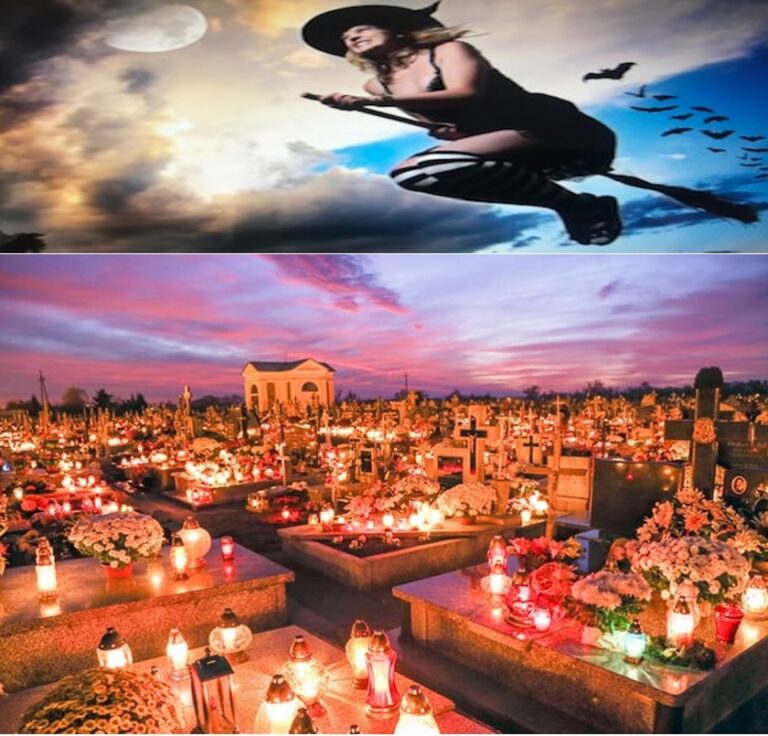 Una bruja volando sobre un cementerio iluminado por velas