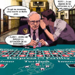 Ilustración de Warren Buffett discutiendo inversiones en Melilla.