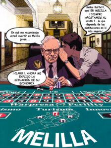Ilustración de Warren Buffett discutiendo inversiones en Melilla.