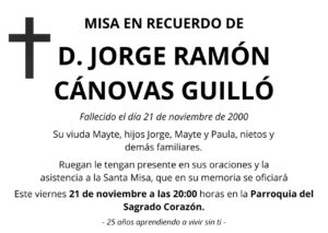 Esquela de D. Jorge Ramón Cánovas Guilló con detalles de misa en su memoria.