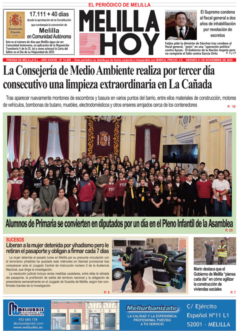 Portada del periódico Melilla Hoy del 21 de noviembre de 2025