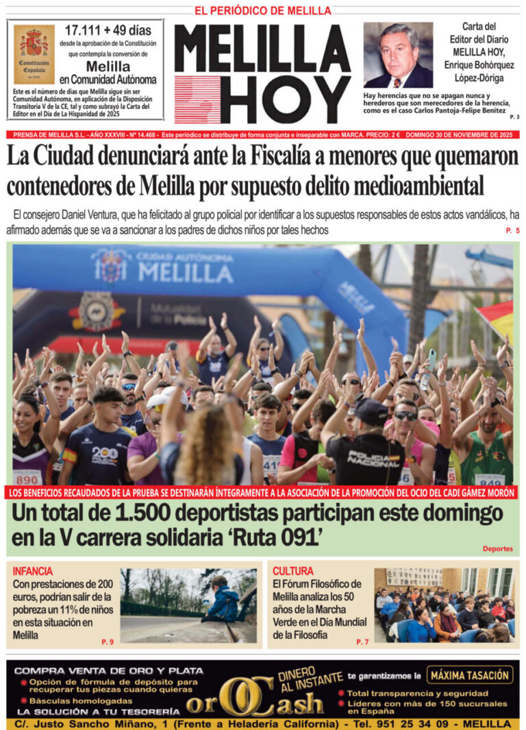 Portada del diario Melilla Hoy del 30 de noviembre de 2025