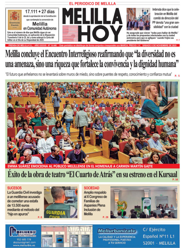 Portada del periódico Melilla Hoy del 8 de noviembre de 2025.
