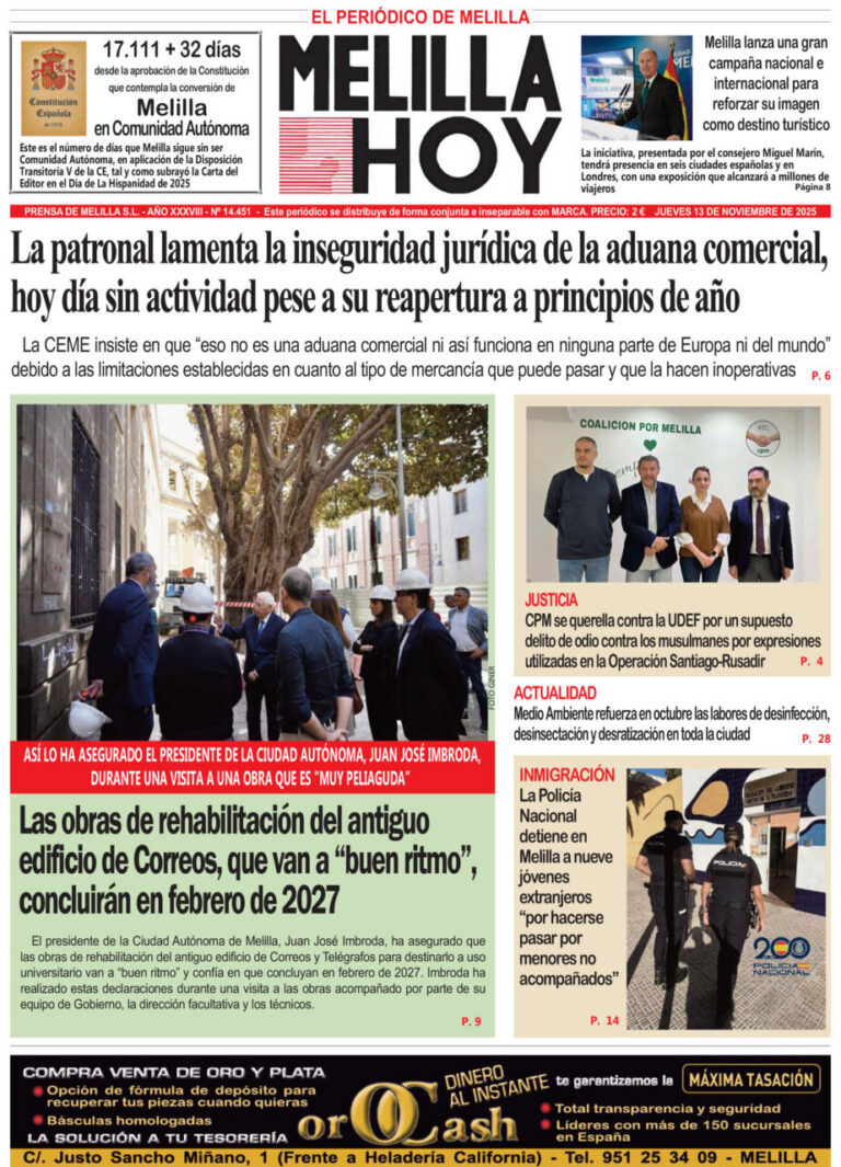 Portada del periódico Melilla Hoy del 13 de noviembre de 2025
