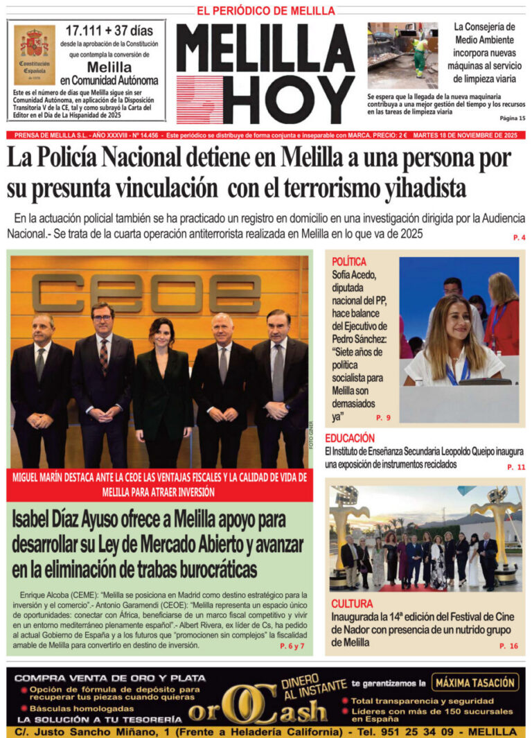 Portada del periódico Melilla Hoy del 18 de noviembre de 2025