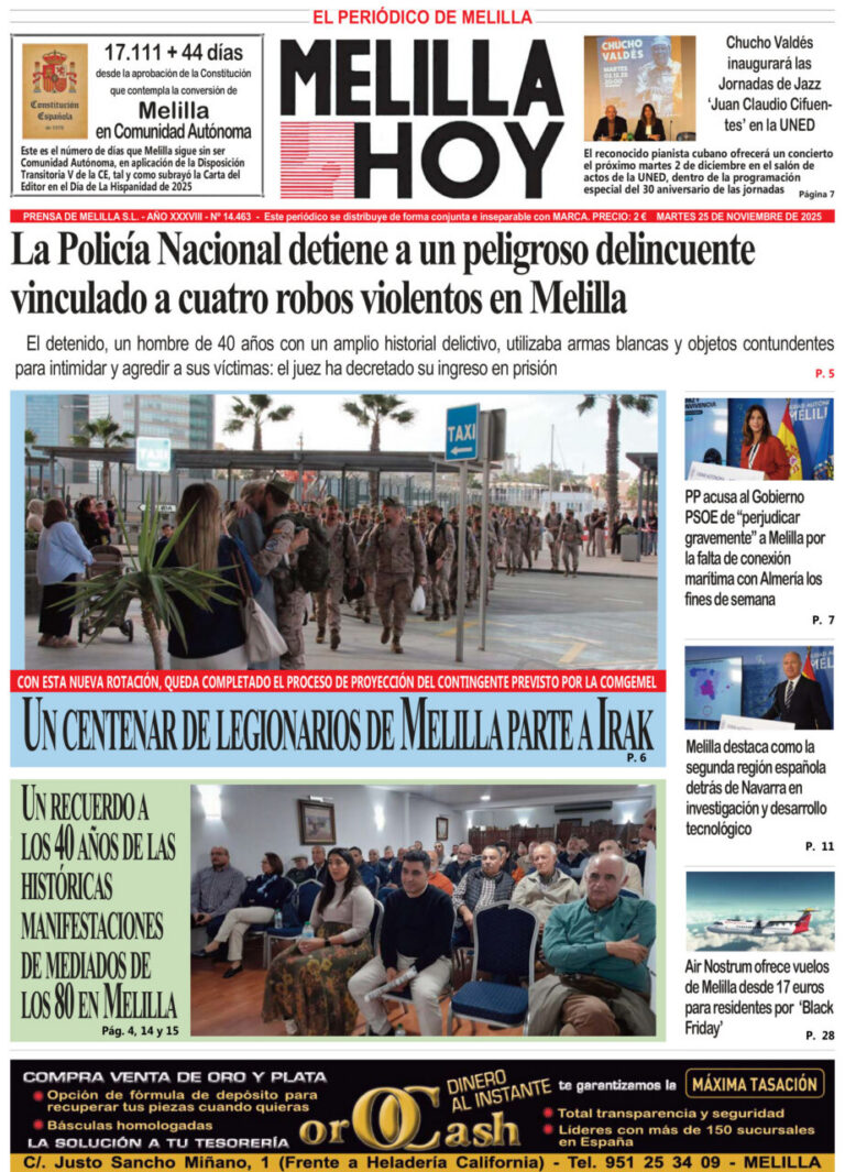 Portada del periódico Melilla Hoy del 25 de noviembre de 2025.