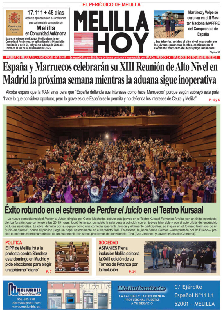 Portada del periódico Melilla Hoy del 29 de noviembre de 2025.