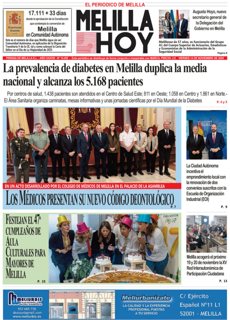 Portada del periódico Melilla Hoy del 14 de noviembre de 2025.