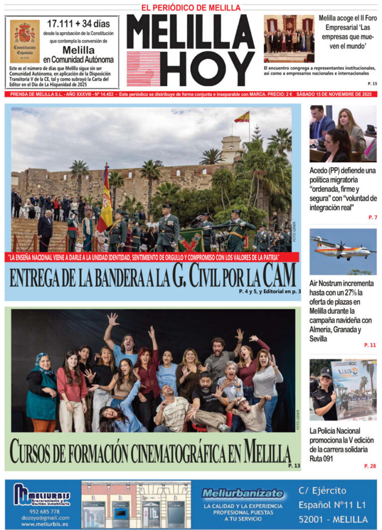Portada del periódico Melilla Hoy del 15 de noviembre de 2025.
