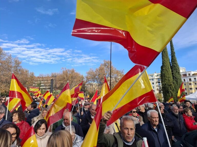 Multitud de personas con banderas de España en una protesta en Madrid