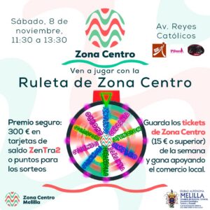 Ruleta de premios de Zona Centro en Melilla con detalles del evento.