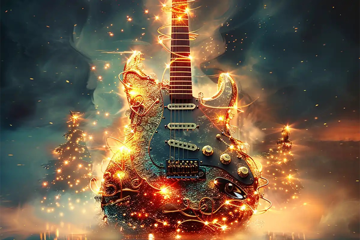 Guitarra eléctrica brillante con luces y efectos mágicos