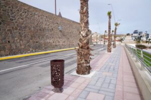 Vista de la carretera de la Alcazaba con palmeras y muro de piedra