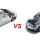 Comparativa entre coches de combustión y eléctricos mostrando sus motores